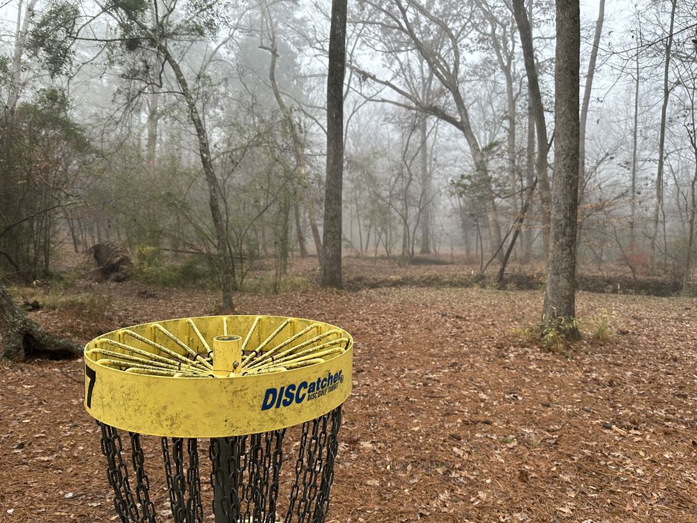 A basket on the Duvall Course on a misty morning